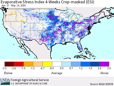 United States Evaporative Stress Index 4-Weeks Crop-masked (ESI) Thematic Map For 5/13/2019 - 5/19/2019