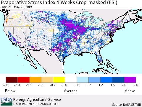 United States Evaporative Stress Index (ESI), 4-Weeks over Croplands Thematic Map For 5/20/2019 - 5/26/2019