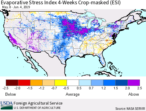 United States Evaporative Stress Index 4-Weeks Crop-masked (ESI) Thematic Map For 6/3/2019 - 6/9/2019