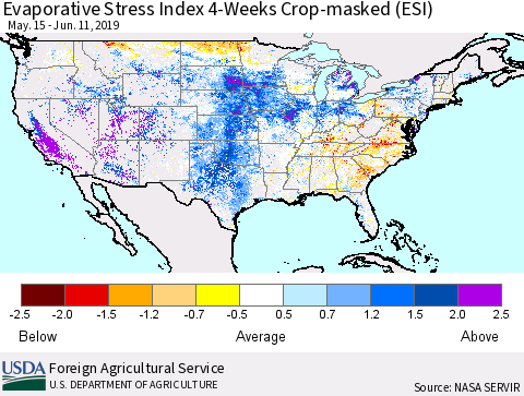 United States Evaporative Stress Index (ESI), 4-Weeks over Croplands Thematic Map For 6/10/2019 - 6/16/2019
