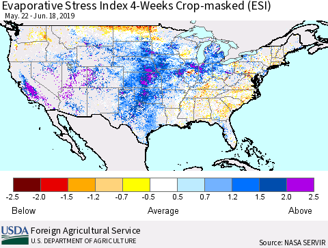 United States Evaporative Stress Index 4-Weeks Crop-masked (ESI) Thematic Map For 6/17/2019 - 6/23/2019