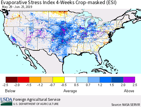 United States Evaporative Stress Index (ESI), 4-Weeks over Croplands Thematic Map For 6/24/2019 - 6/30/2019