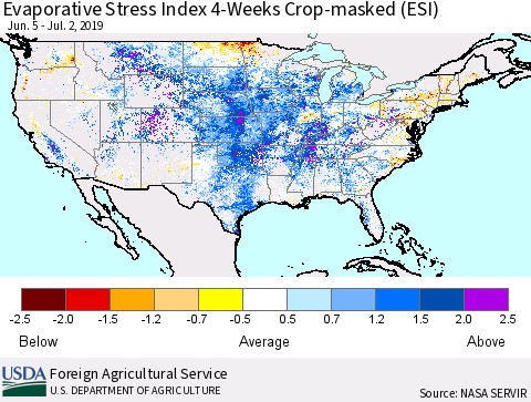 United States Evaporative Stress Index (ESI), 4-Weeks over Croplands Thematic Map For 7/1/2019 - 7/7/2019