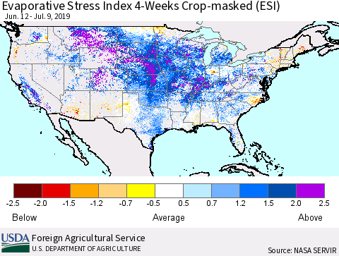 United States Evaporative Stress Index 4-Weeks Crop-masked (ESI) Thematic Map For 7/8/2019 - 7/14/2019