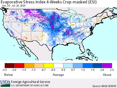 United States Evaporative Stress Index (ESI), 4-Weeks over Croplands Thematic Map For 7/15/2019 - 7/21/2019