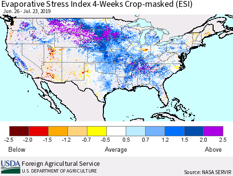 United States Evaporative Stress Index (ESI), 4-Weeks over Croplands Thematic Map For 7/22/2019 - 7/28/2019
