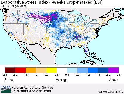 United States Evaporative Stress Index (ESI), 4-Weeks over Croplands Thematic Map For 8/5/2019 - 8/11/2019