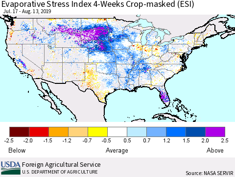 United States Evaporative Stress Index (ESI), 4-Weeks over Croplands Thematic Map For 8/12/2019 - 8/18/2019