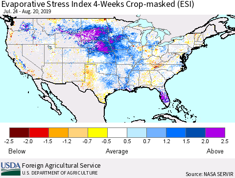 United States Evaporative Stress Index (ESI), 4-Weeks over Croplands Thematic Map For 8/19/2019 - 8/25/2019