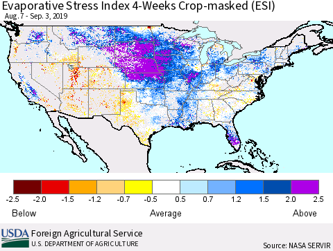 United States Evaporative Stress Index (ESI), 4-Weeks over Croplands Thematic Map For 9/2/2019 - 9/8/2019