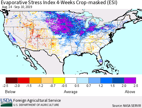 United States Evaporative Stress Index (ESI), 4-Weeks over Croplands Thematic Map For 9/9/2019 - 9/15/2019