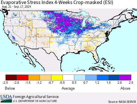 United States Evaporative Stress Index (ESI), 4-Weeks over Croplands Thematic Map For 9/16/2019 - 9/22/2019
