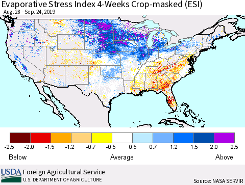 United States Evaporative Stress Index 4-Weeks Crop-masked (ESI) Thematic Map For 9/23/2019 - 9/29/2019