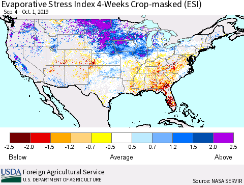 United States Evaporative Stress Index (ESI), 4-Weeks over Croplands Thematic Map For 9/30/2019 - 10/6/2019