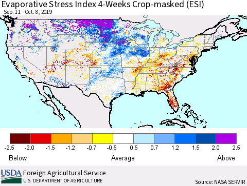 United States Evaporative Stress Index (ESI), 4-Weeks over Croplands Thematic Map For 10/7/2019 - 10/13/2019
