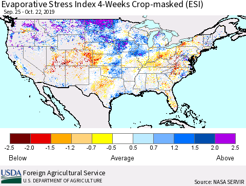 United States Evaporative Stress Index (ESI), 4-Weeks over Croplands Thematic Map For 10/21/2019 - 10/27/2019