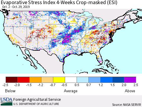 United States Evaporative Stress Index 4-Weeks Crop-masked (ESI) Thematic Map For 10/28/2019 - 11/3/2019