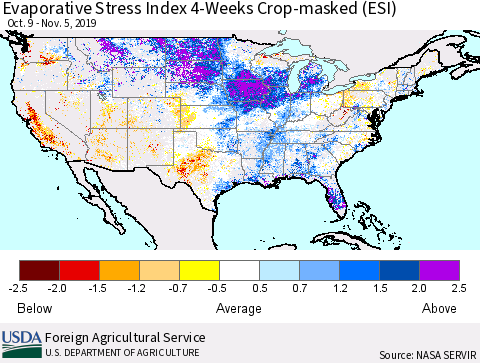 United States Evaporative Stress Index (ESI), 4-Weeks over Croplands Thematic Map For 11/4/2019 - 11/10/2019