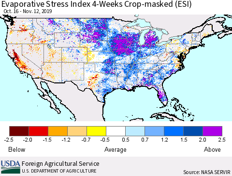 United States Evaporative Stress Index (ESI), 4-Weeks over Croplands Thematic Map For 11/11/2019 - 11/17/2019
