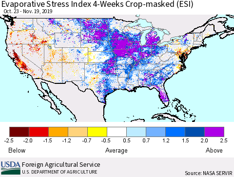 United States Evaporative Stress Index (ESI), 4-Weeks over Croplands Thematic Map For 11/18/2019 - 11/24/2019