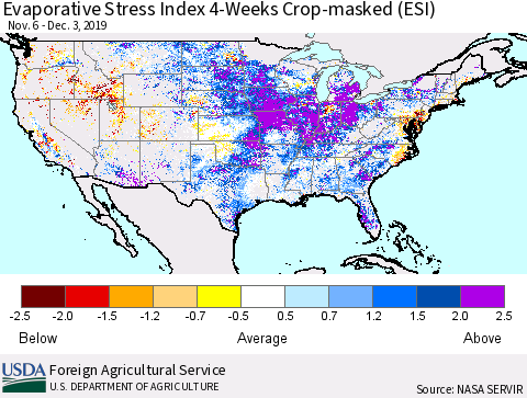 United States Evaporative Stress Index (ESI), 4-Weeks over Croplands Thematic Map For 12/2/2019 - 12/8/2019