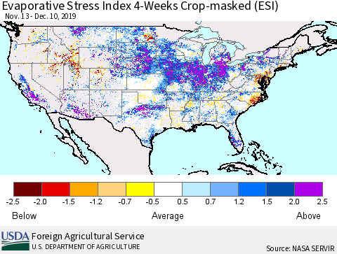 United States Evaporative Stress Index 4-Weeks Crop-masked (ESI) Thematic Map For 12/9/2019 - 12/15/2019