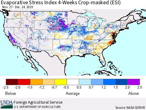 United States Evaporative Stress Index 4-Weeks Crop-masked (ESI) Thematic Map For 12/23/2019 - 12/29/2019