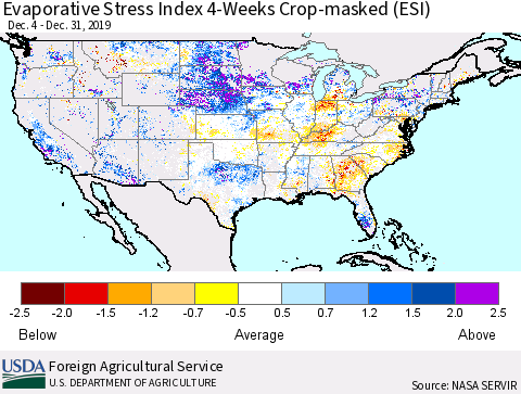 United States Evaporative Stress Index (ESI), 4-Weeks over Croplands Thematic Map For 12/30/2019 - 1/5/2020