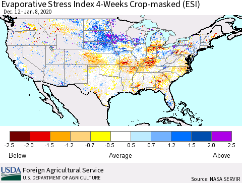 United States Evaporative Stress Index (ESI), 4-Weeks over Croplands Thematic Map For 1/6/2020 - 1/12/2020