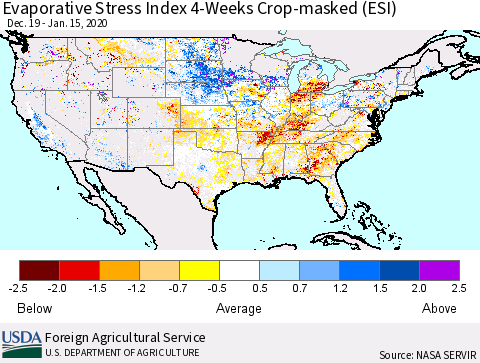 United States Evaporative Stress Index (ESI), 4-Weeks over Croplands Thematic Map For 1/13/2020 - 1/19/2020