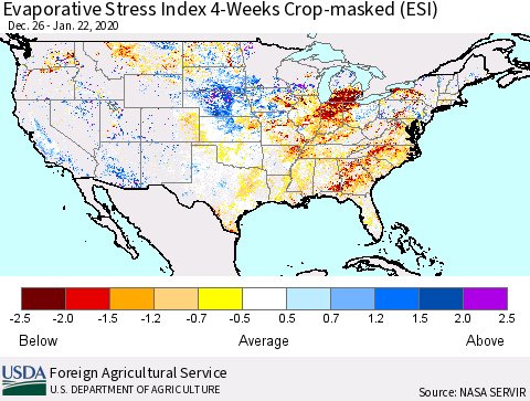 United States Evaporative Stress Index (ESI), 4-Weeks over Croplands Thematic Map For 1/20/2020 - 1/26/2020