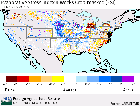 United States Evaporative Stress Index (ESI), 4-Weeks over Croplands Thematic Map For 1/27/2020 - 2/2/2020