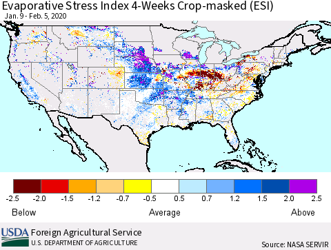 United States Evaporative Stress Index (ESI), 4-Weeks over Croplands Thematic Map For 2/3/2020 - 2/9/2020