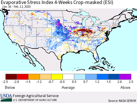 United States Evaporative Stress Index (ESI), 4-Weeks over Croplands Thematic Map For 2/10/2020 - 2/16/2020