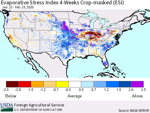 United States Evaporative Stress Index (ESI), 4-Weeks over Croplands Thematic Map For 2/17/2020 - 2/23/2020
