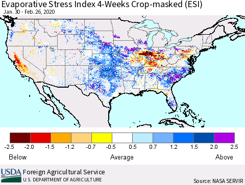 United States Evaporative Stress Index (ESI), 4-Weeks over Croplands Thematic Map For 2/24/2020 - 3/1/2020