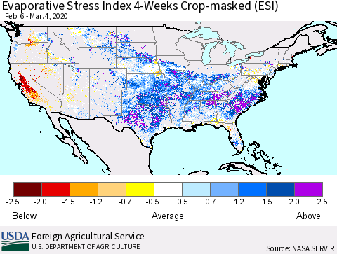 United States Evaporative Stress Index 4-Weeks Crop-masked (ESI) Thematic Map For 3/2/2020 - 3/8/2020