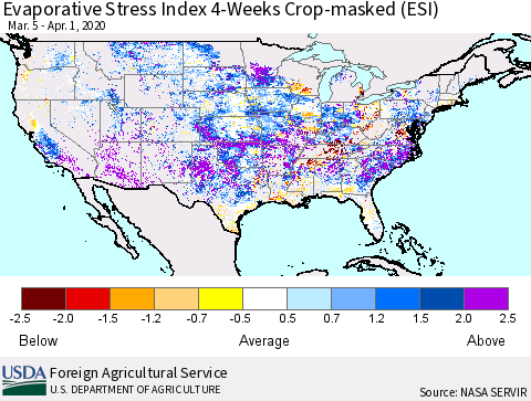 United States Evaporative Stress Index 4-Weeks Crop-masked (ESI) Thematic Map For 3/30/2020 - 4/5/2020
