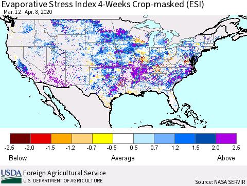 United States Evaporative Stress Index 4-Weeks Crop-masked (ESI) Thematic Map For 4/6/2020 - 4/12/2020
