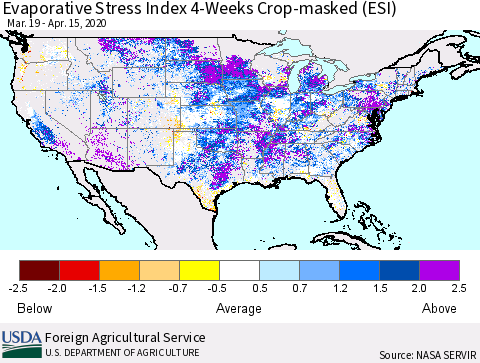 United States Evaporative Stress Index 4-Weeks Crop-masked (ESI) Thematic Map For 4/13/2020 - 4/19/2020