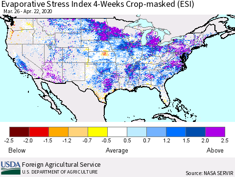United States Evaporative Stress Index 4-Weeks Crop-masked (ESI) Thematic Map For 4/20/2020 - 4/26/2020