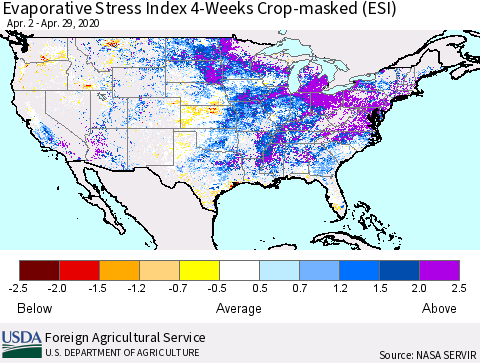United States Evaporative Stress Index (ESI), 4-Weeks over Croplands Thematic Map For 4/27/2020 - 5/3/2020
