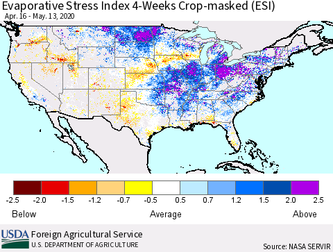 United States Evaporative Stress Index 4-Weeks Crop-masked (ESI) Thematic Map For 5/11/2020 - 5/17/2020