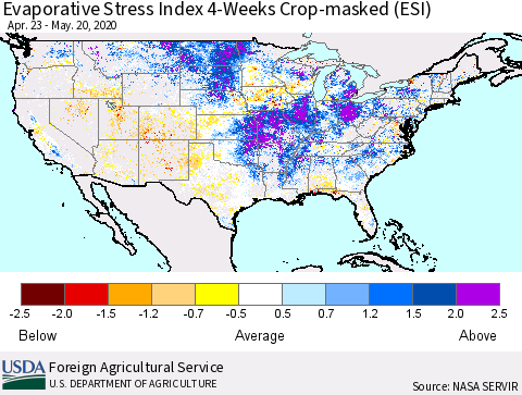 United States Evaporative Stress Index (ESI), 4-Weeks over Croplands Thematic Map For 5/18/2020 - 5/24/2020