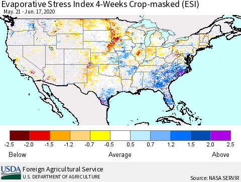 United States Evaporative Stress Index (ESI), 4-Weeks over Croplands Thematic Map For 6/15/2020 - 6/21/2020