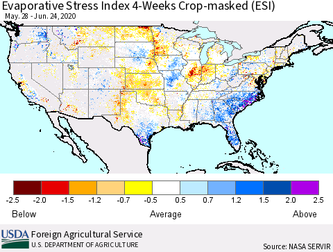 United States Evaporative Stress Index (ESI), 4-Weeks over Croplands Thematic Map For 6/22/2020 - 6/28/2020