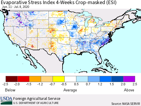 United States Evaporative Stress Index (ESI), 4-Weeks over Croplands Thematic Map For 7/6/2020 - 7/12/2020