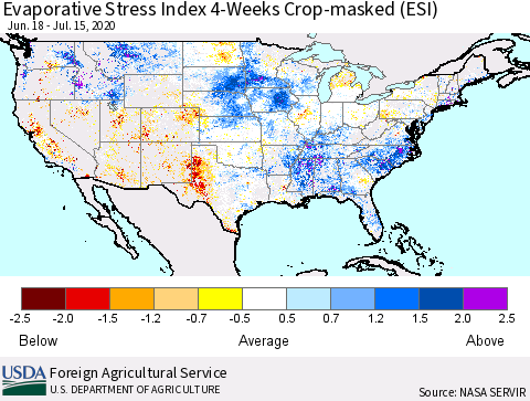 United States Evaporative Stress Index 4-Weeks Crop-masked (ESI) Thematic Map For 7/13/2020 - 7/19/2020