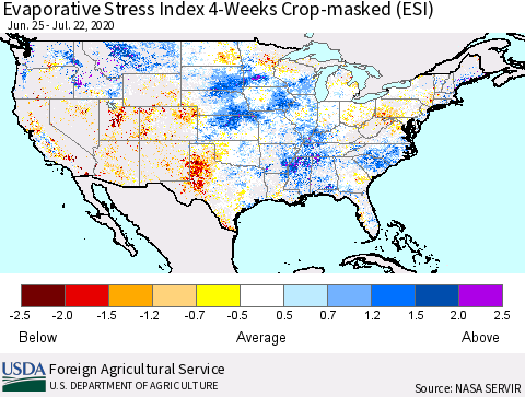 United States Evaporative Stress Index 4-Weeks Crop-masked (ESI) Thematic Map For 7/20/2020 - 7/26/2020