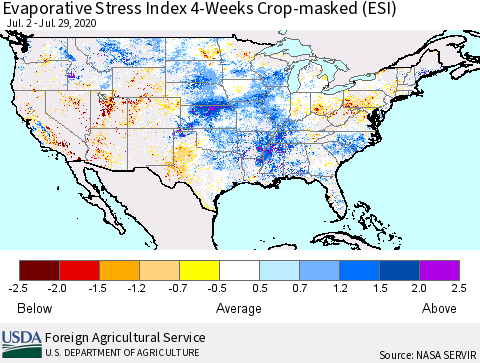 United States Evaporative Stress Index (ESI), 4-Weeks over Croplands Thematic Map For 7/27/2020 - 8/2/2020